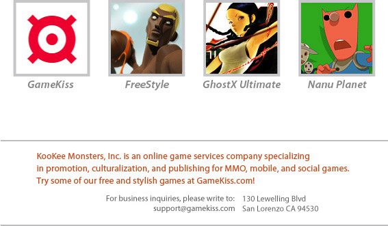 KooKee Monsters, Inc. is an online game services company specializing in promotion, culturalization, and publishing for MMO, mobile, and social games. Try some of our free and stylish games at GameKiss.com!